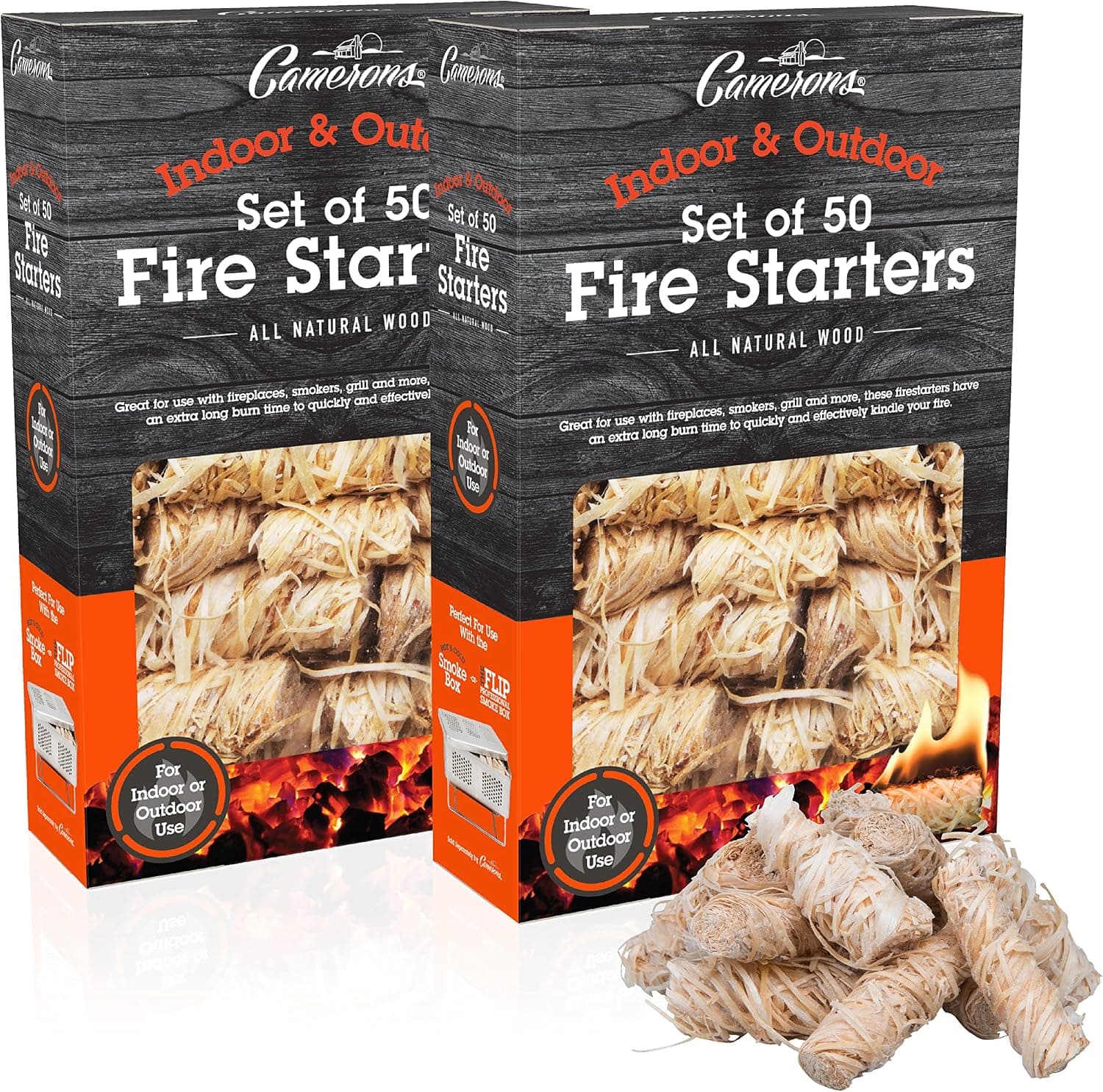 Camerons All Natural Fire Starters (100 Pack) Hardwood Firelighters for BBQ Charcoal Grill, Fire Pit